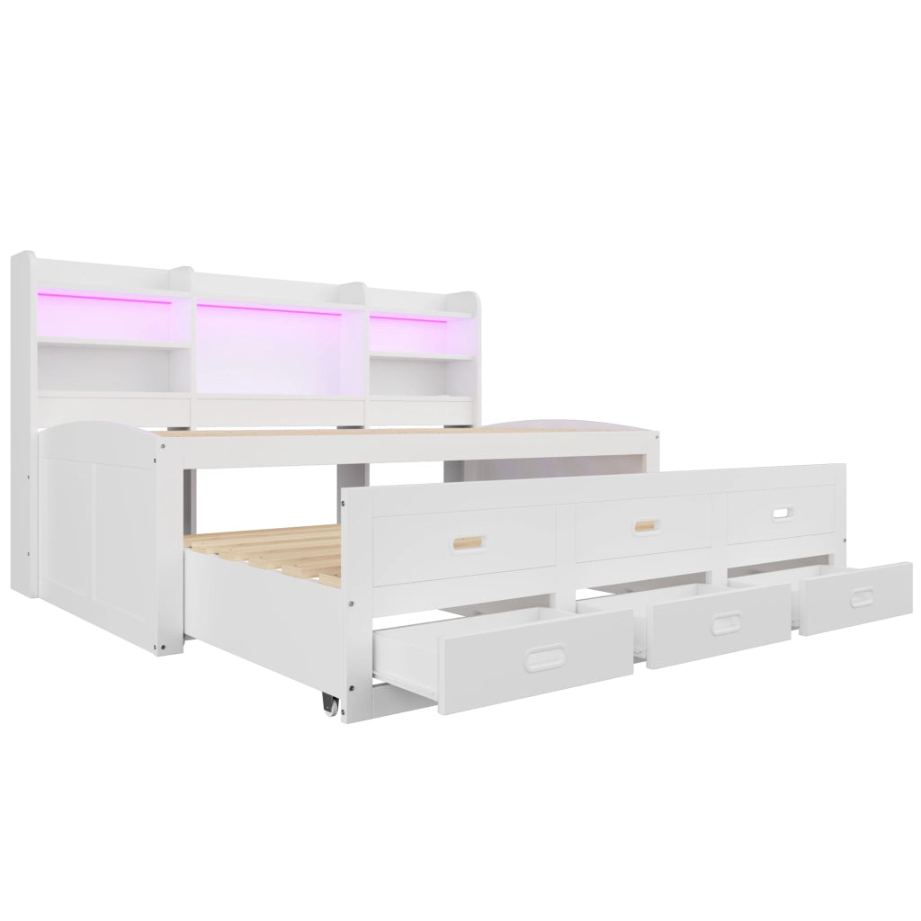 Letto singolo estraibile 90x200 cm con LED; 3 cassetti; vano comodino e USB/Type-C; bianco