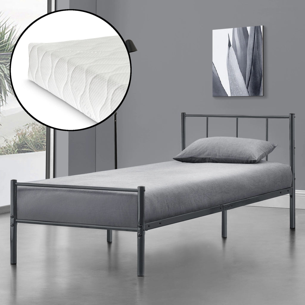 Struttura Letto in Metallo con Testiera e Pediera con Materasso a Schiuma Fredda 90 x 200 cm Letto Singolo per Adulti/Ragazzi - Grigio Scuro