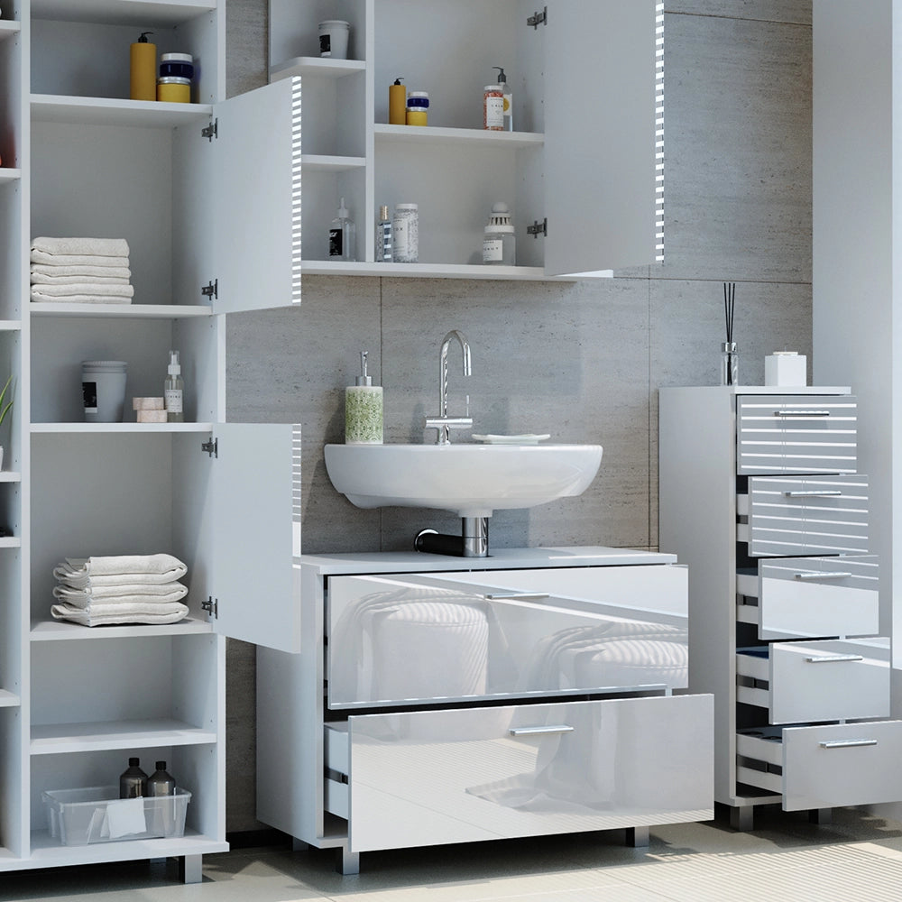 Vicco Set di mobili da bagno Bianco lucido 4 pezzi, con colonna
