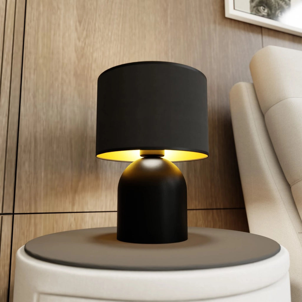 Lampada da tavolo Aspen in acciaio nero e paralume in tessuto
