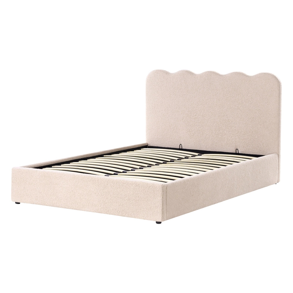 Letto in bouclé imbottito color beige 140 x 200 cm contenitore elevabile con testiera e rete a doghe