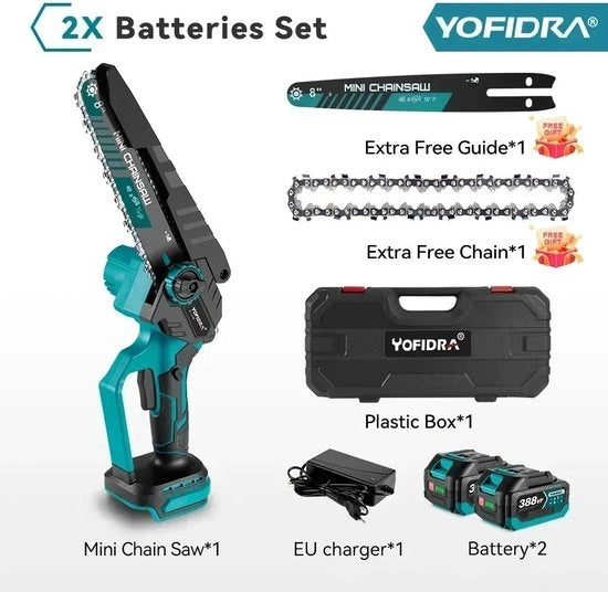 Mini sega elettrica a catena - Senza filo - alimentata a batteria - 20 cm - inclusa batteria 2x e catena extra - compatibile con batteria 18V - Sega a mano - Sega per rami - Sega per alberi - Sega per legno