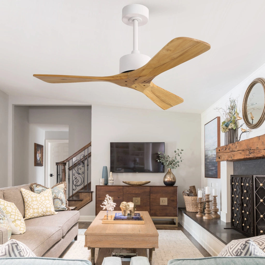 Ventilatore da soffitto moderno 42 pollici senza luce, 3 pale ad elica in legno massello naturale, motore DC reversibile silenzioso, design