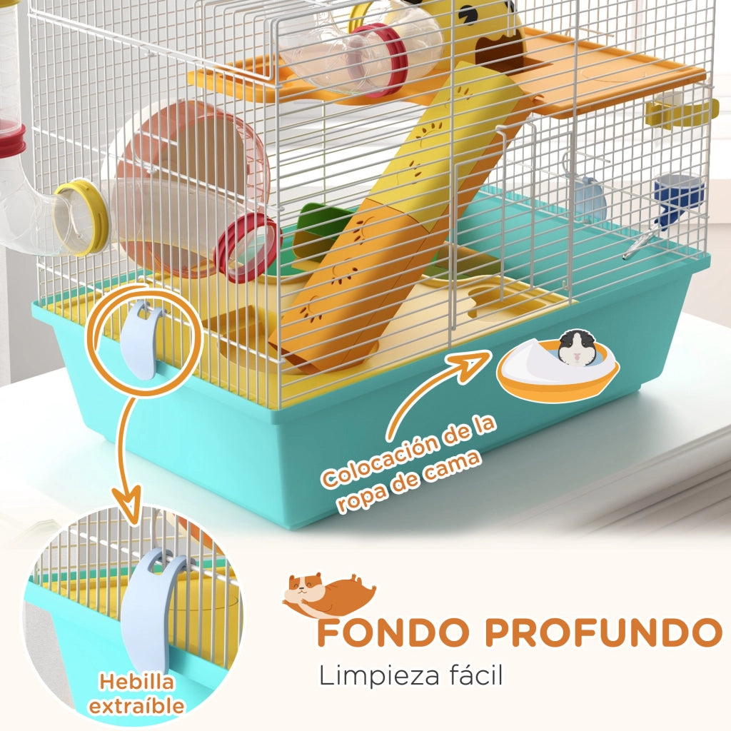 Gabbia per Criceti con Tunnel Piattaforme Ciotola Biberon Casetta Ramp e Ruota ¨C zephmum ¨C 45x28x37 cm Azzurro