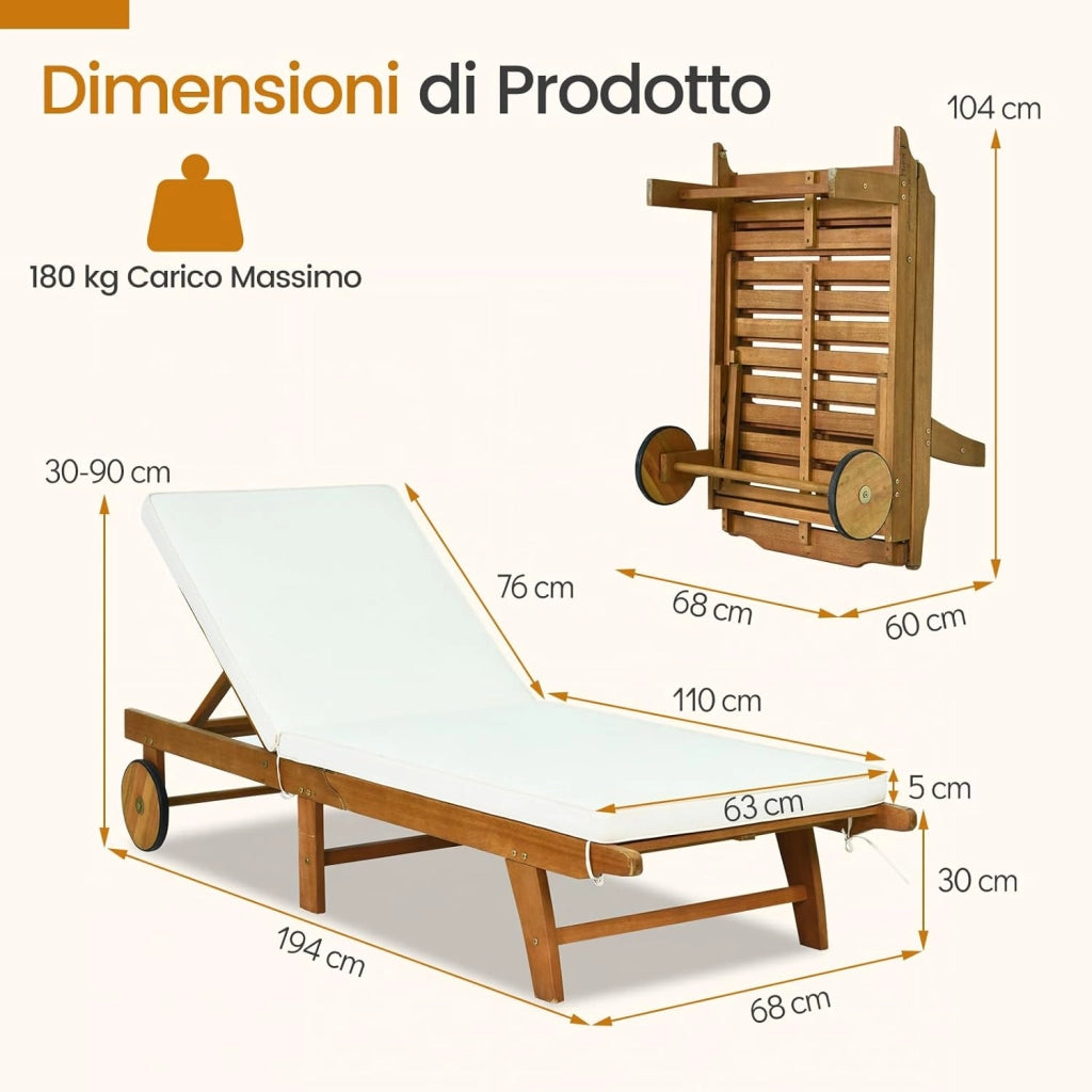 Lettino Prendisole Pieghevole, Lettino da Giardino in Legno di Eucalipto con Ruote e Cuscino, Schienale Regolabile 6 Posizioni, Tessuto Senza Fluoro, per Piscina e Spiaggia, Portata 160 kg (2)