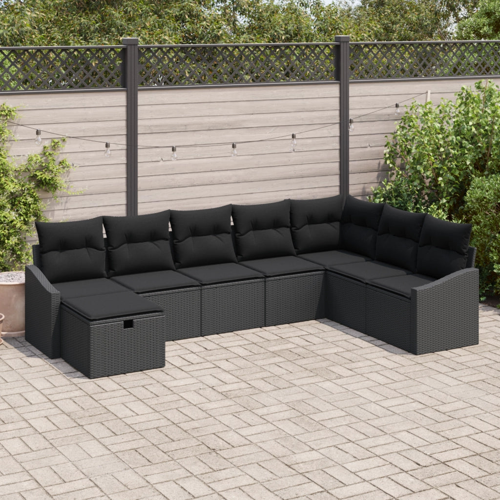 Set Divano da Giardino 8 Pezzi con Cuscini Nero Polyrattan