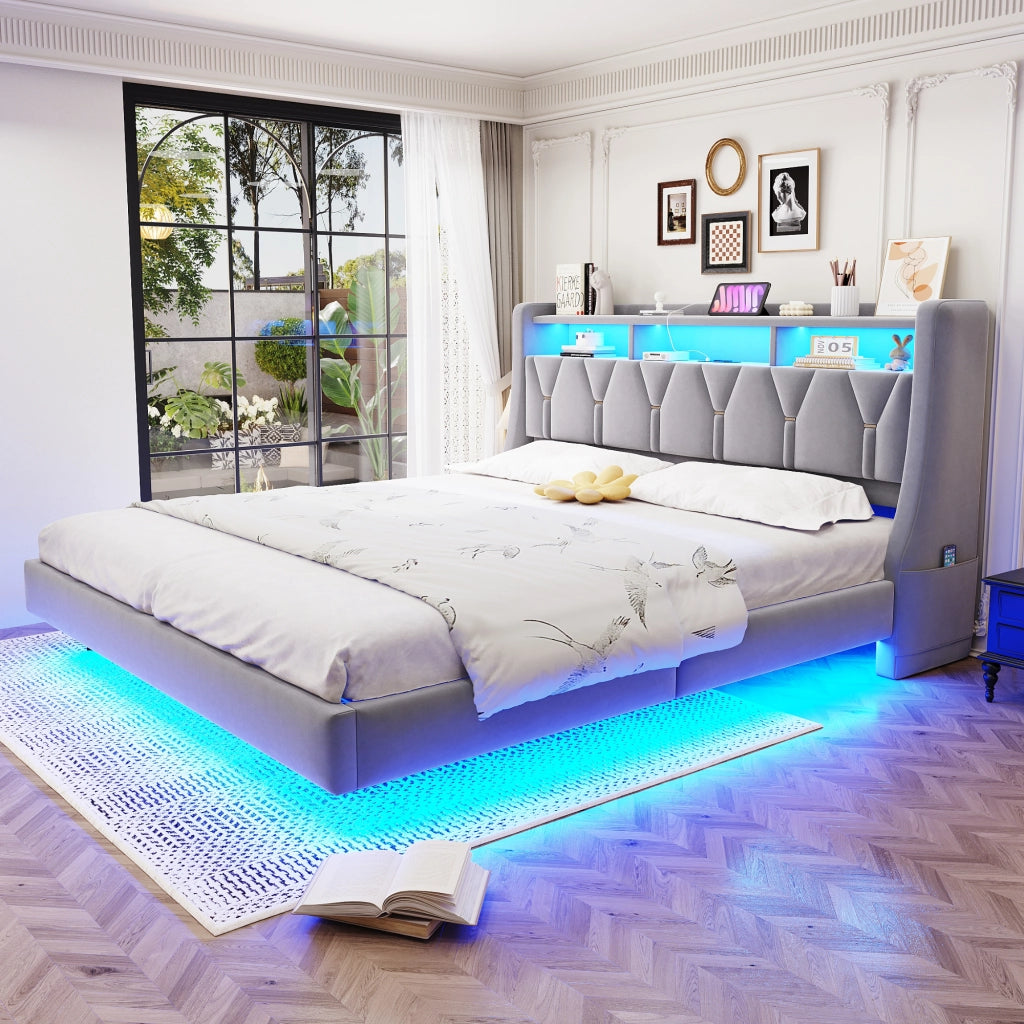 Letto imbottito 180x200 cm con testiera ribaltabile, prese USB e Type-C, LED e struttura in velluto grigio chiaro