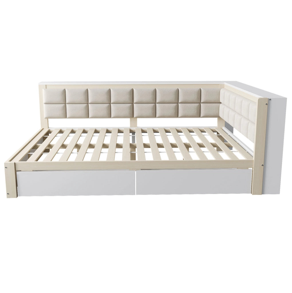 Divano letto 140x200 cm con schienale morbido e 2 cassetti in legno colore naturale
