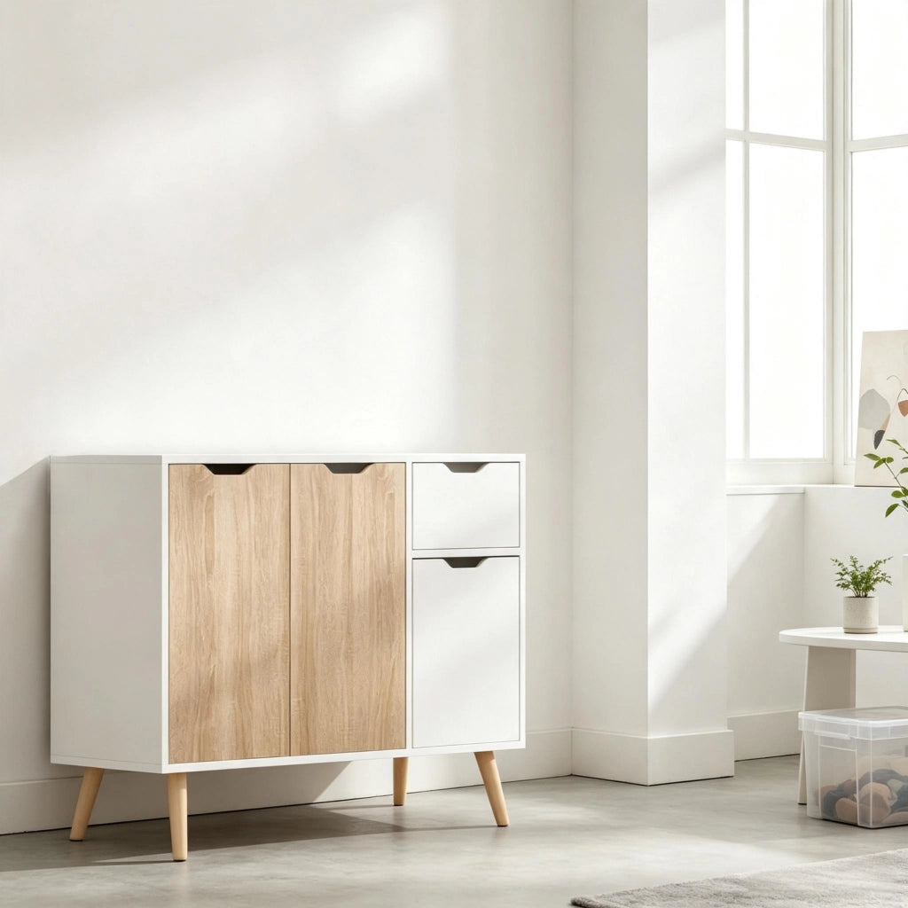 Credenza di design scandinavo, credenza con cassetti e ante, mobile da ingresso, cassettiera