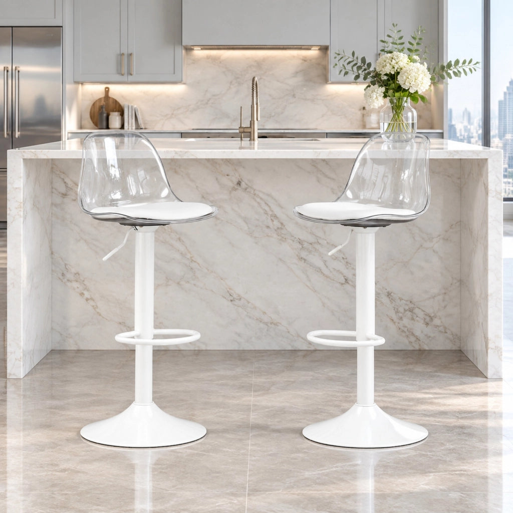 Set 2 sgabelli da bar ULEVR girevoli 360¡ã, altezza regolabile 82-104 cm, schienale trasparente e base bianca