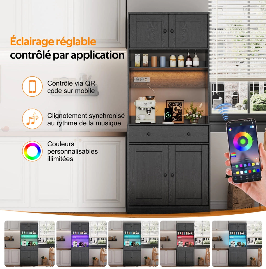 Credenza cucina multifunzione con LED RGB; prese USB e 2 prese AC; 72x40x180 cm; MDF nero