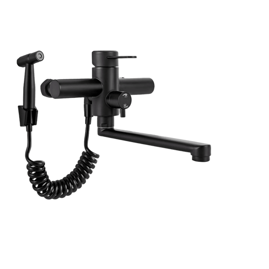 MAX |rubinetto miscelatore gastronomia montaggio a parete nero|rubinetto cucina professionale acciaio inox con doccetta|ristorante parete bocca piatta