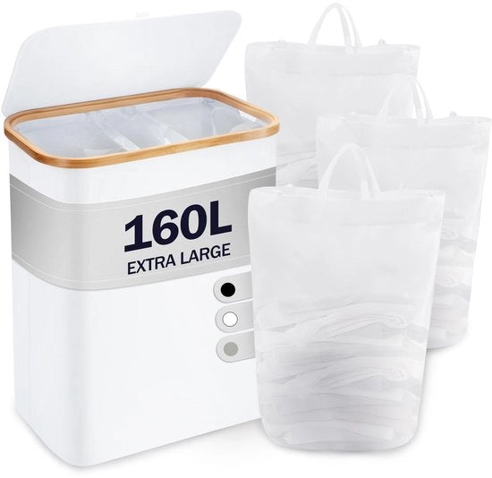 Asse da lavatrice con coperchio 3 vani 160L Raccoglitore di acqua da lavatrice con 3 sacchi di lavaggio Grande separatore di lavaggio pieghevole Cassettiera in legno di bambù Altezza, bianco