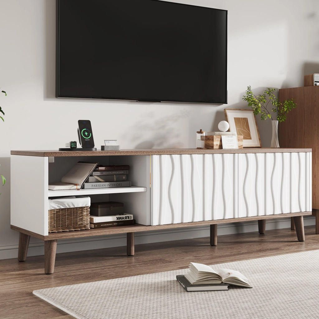 Cassettiera per TV bianca e noce scuro in MDF e truciolare; lunghezza 160 cm