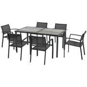 SET DA GIARDINO CON 6 SEDIE IMPILABILI IN TESSUTO A RETE E TAVOLO EFFETTO LEGNO, GRIGIO