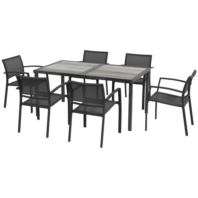 SET DA GIARDINO CON 6 SEDIE IMPILABILI IN TESSUTO A RETE E TAVOLO EFFETTO LEGNO, GRIGIO