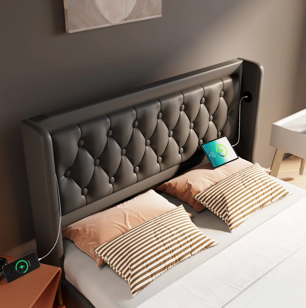 Letto matrimoniale contenitore 140x200 cm in PU nero con USB Type-C e LED