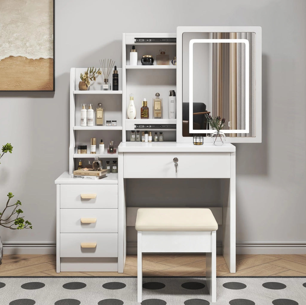 Toeletta con specchio LED; 3 modalità luce; ampio spazio contenitivo; bianca in MDF