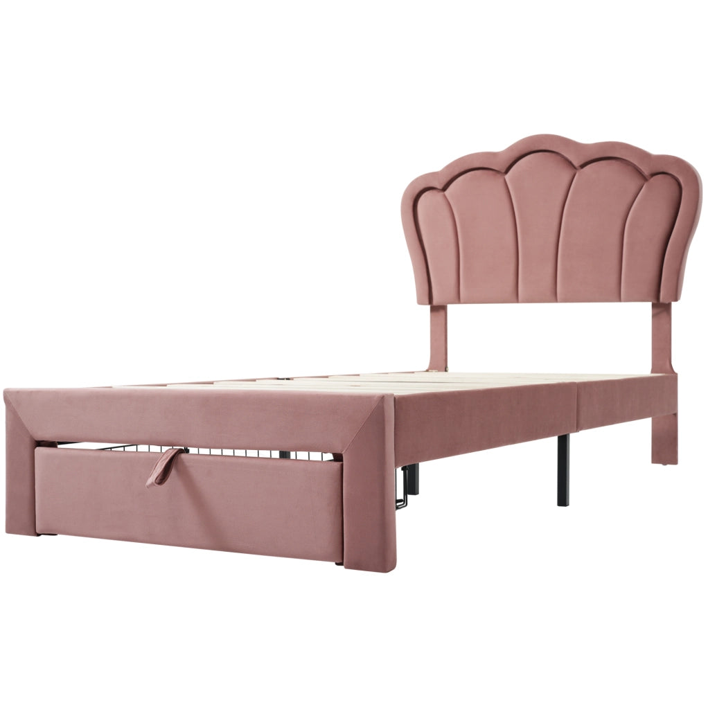 Letto singolo 90x200 cm in velluto rosa con LED RGB; testiera regolabile e cassetto