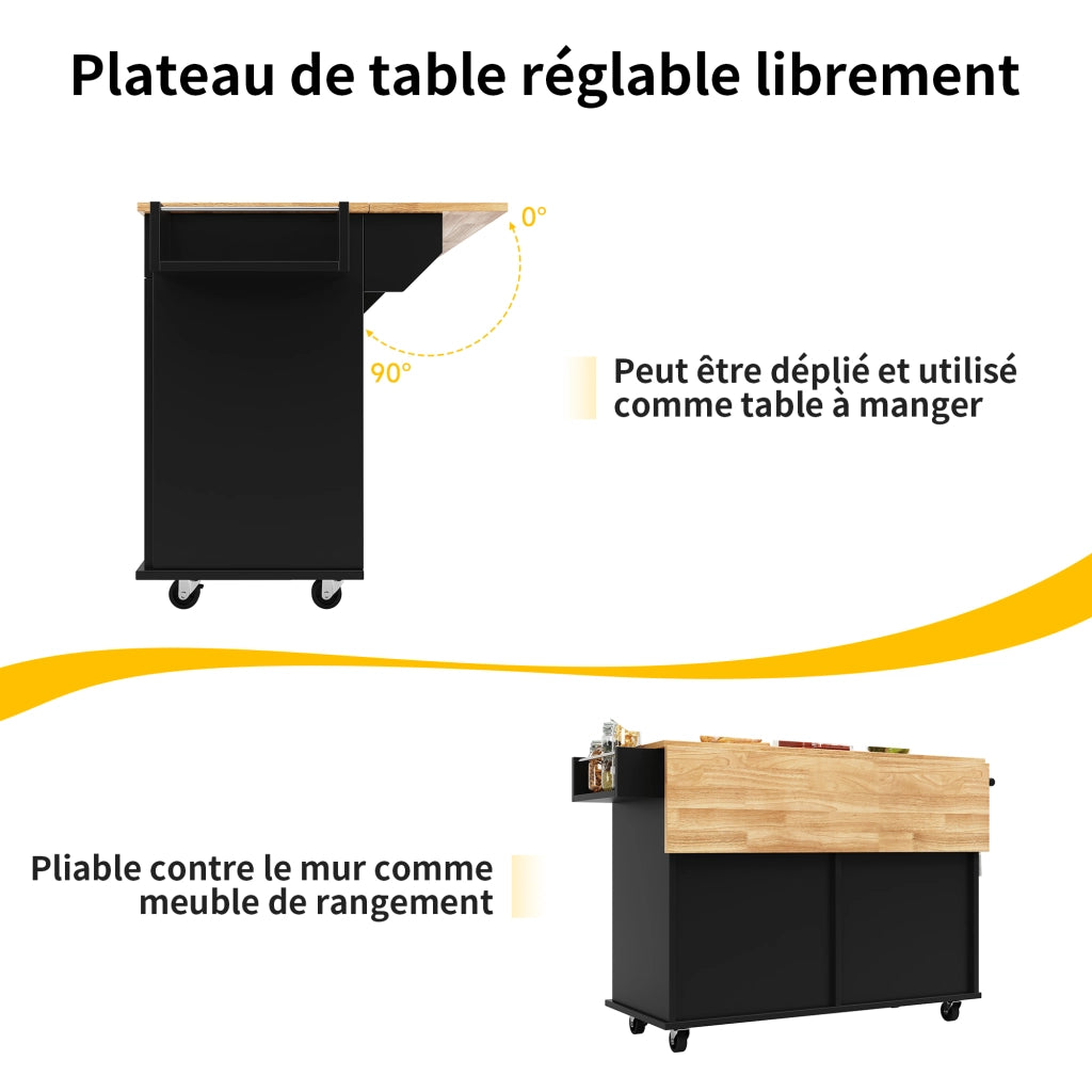 OKWISH Carrello da cucina con 2 cassetti, piano ribaltabile, portaasciugamani e ruote, MDF, 106 x 50 x 90.5 cm, nero