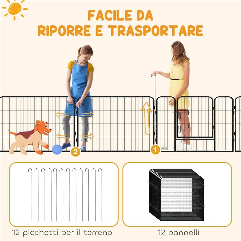 RECINTO PER CANI A 12 PANNELLI MODULABILI DA 80X1.5X80 CM, PIEGHEVOLE CON PORTA IN ACCIAIO, 12 PICCHETTI, GRIGIO