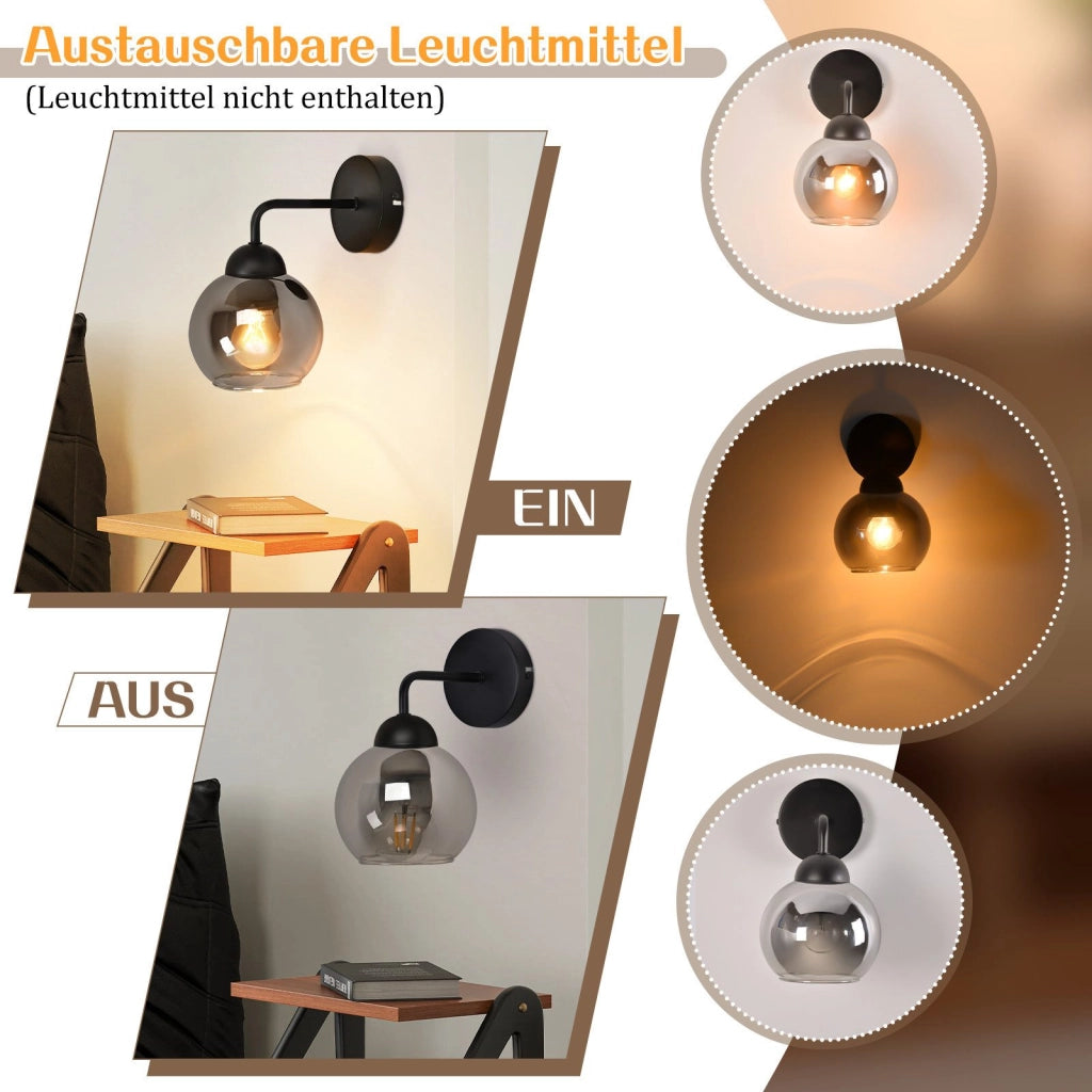 ZMH Lampada da parete vintage da interno E27 illuminazione da parete retrò per camera da letto in vetro nero