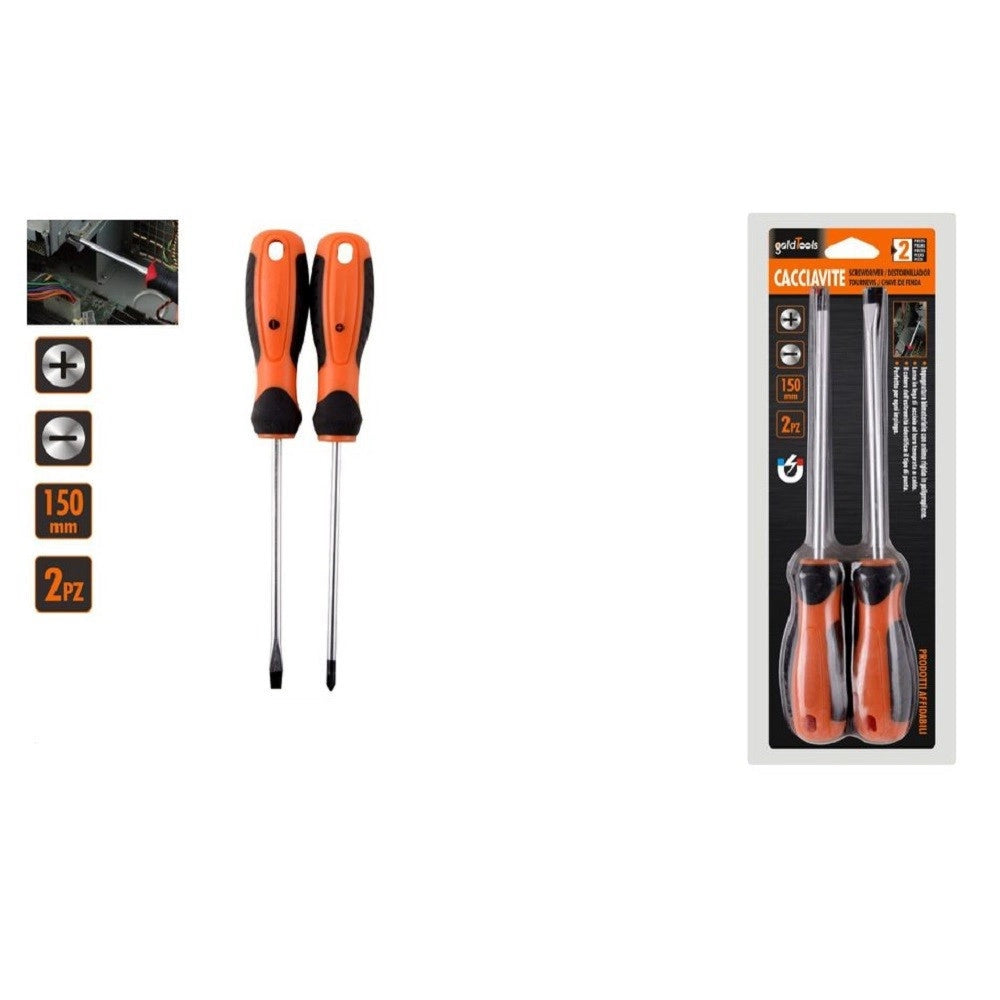 Trade Shop - Set 2 Pz Cacciavite Giraviti Con Punta Magnetica A Taglio E A Croce 150 Mm 97210 -