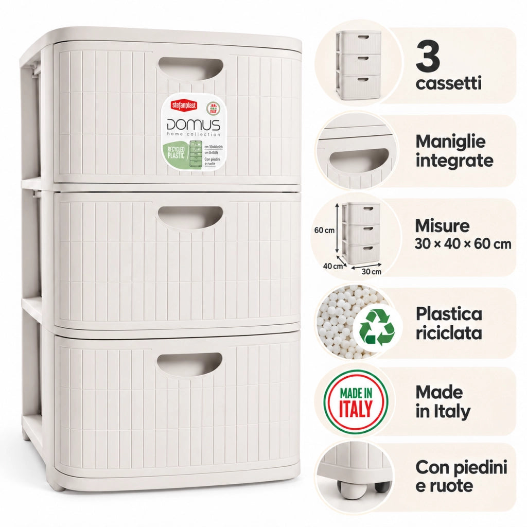 Cassettiera Slim Domus 3 Cassetti Bianca 30 x 40 x 60 h cm