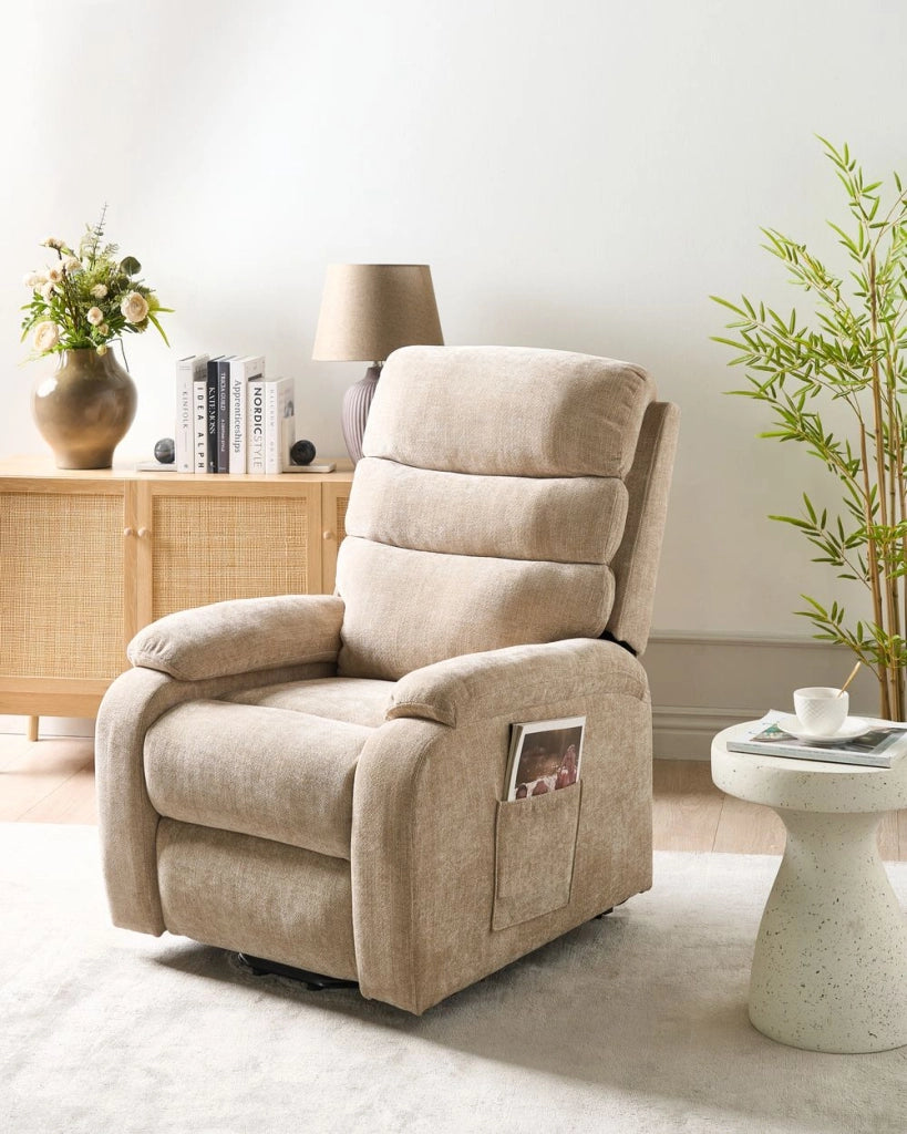 Poltrona reclinabile elettrica Beige Poliestere Imbottita Seduta singola con poggiapiedi Funzione di sollevamento Design moderno Relax