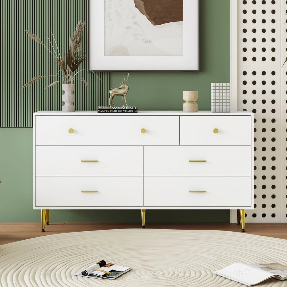 Credenza con Cassetti Bianca ¨C MINIMAL ¨C 7 cassetti, gambe e maniglie oro, 140x35x76 cm