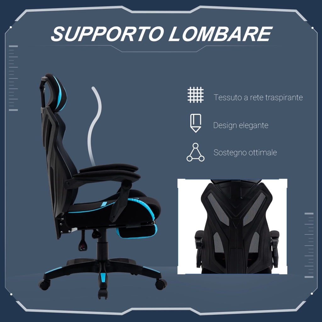 Sedia da Ufficio Ergonomica Gaming ¨C Xylo ¨C Tessuto Nero e Blu con Supporto Lombare, 65x65x119-129cm