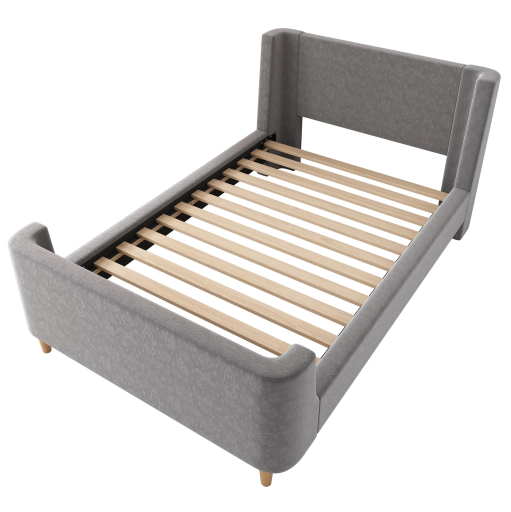 Letto singolo a slitta con motivo spaziale; 90x200 cm; in velluto grigio