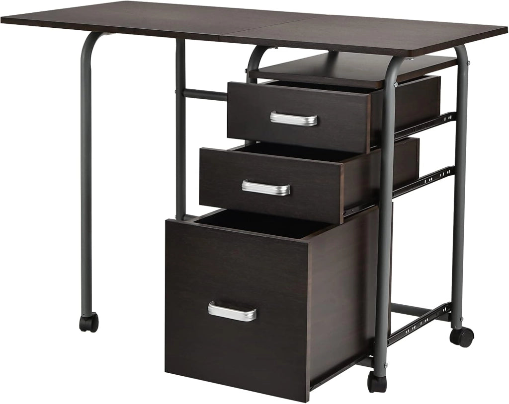 Scrivania Pieghevole e Rimovibile, Tavolo per Computer con Ruote Bloccabili, Tavolo con 3 Casseti di Dimensioni Diverse, Scrivania da Lavoro, Tavolo Porta PC in Legno (marrone)