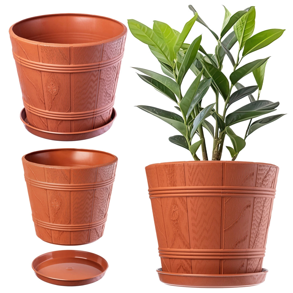 Vaso da fiori KADAX da 30 cm con coperchio effetto legno e supporto in plastica.