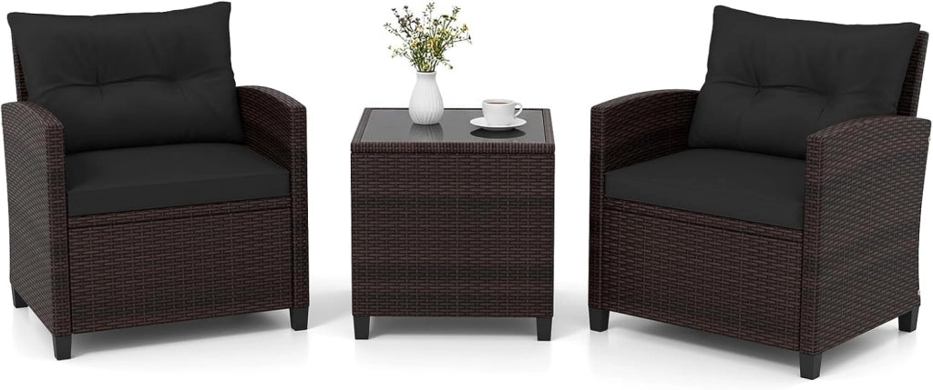 Set di Mobili da Giardino, in Rattan, 3 Pezzi Mobiletti, 1 Tavolino + 2 Poltrone, Salottino da Esterno, con Cuscini per Balcone, Giardino, Cortile, Terrazza, 3 Colori (Nero)