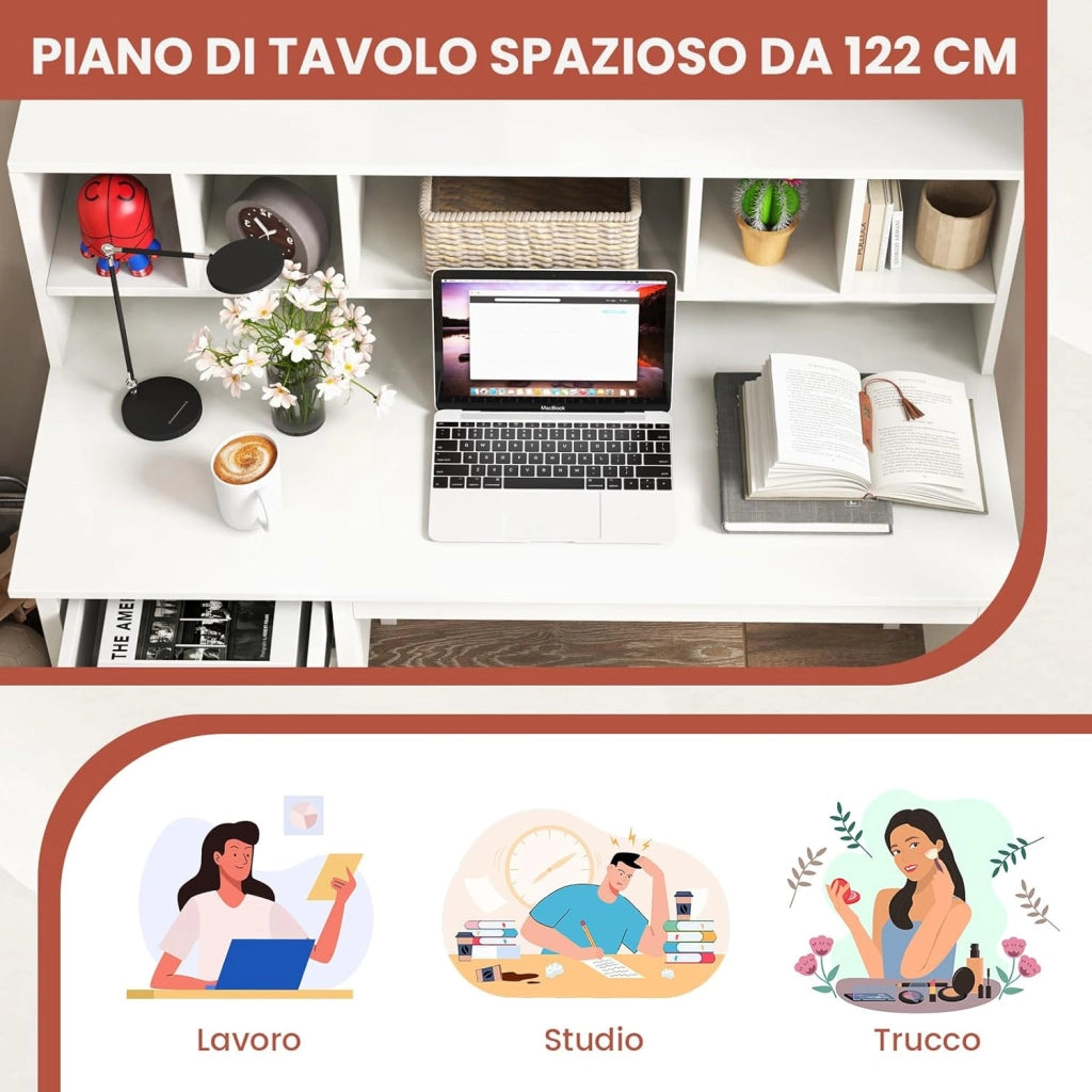 Scrivania con Cassetti e Libreria, Scrivania Salvaspazio con 5 Vani e 2 Cassetti, Scrivania Moderna da Ufficio e Casa, Bianco