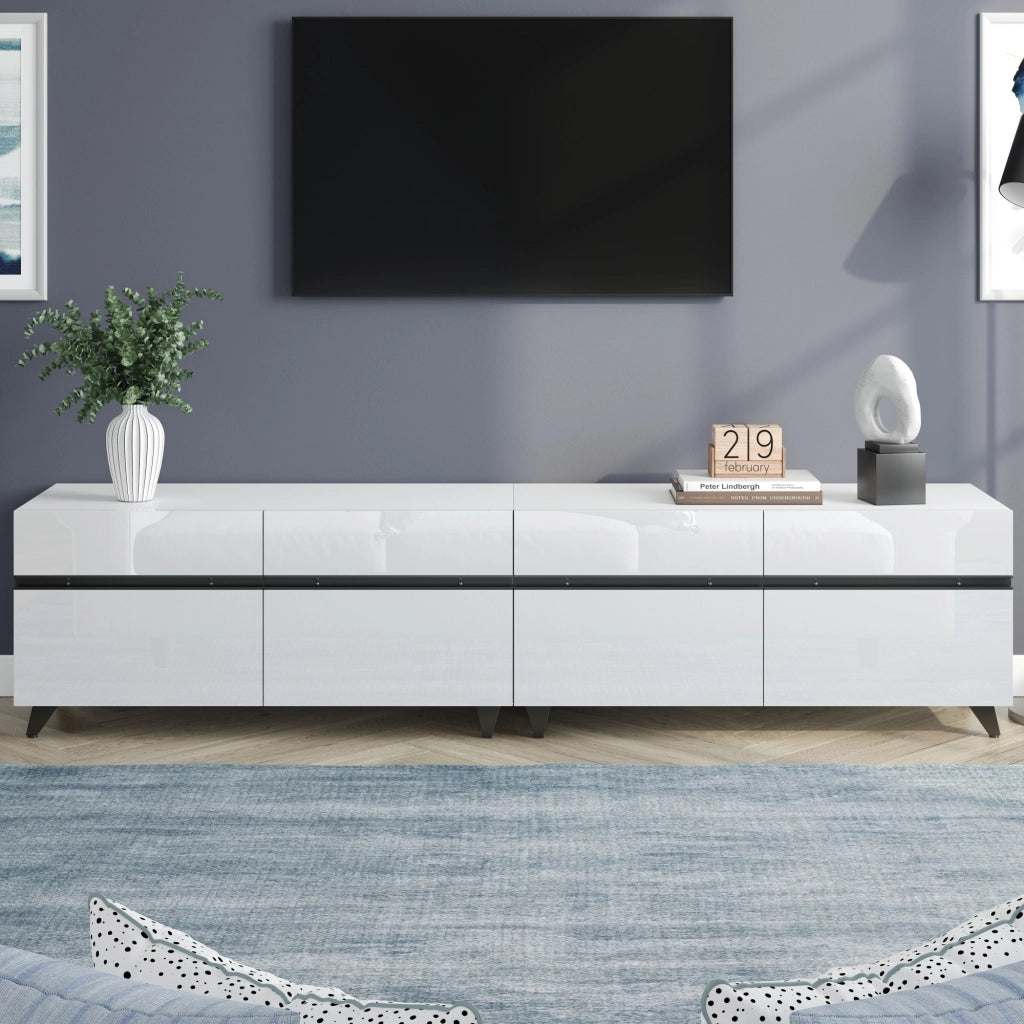 Mobile porta TV con 4 ante e ripiani regolabili finitura lucida per soggiorno in MDF bianco 180 × 40 × 49 cm