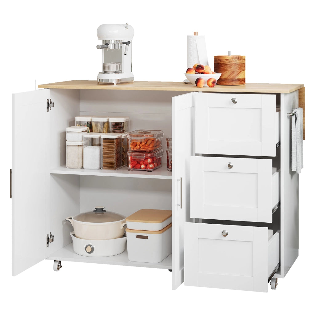 Carrello da cucina con 2 ante; 3 cassetti; piano ribaltabile; portaasciugamani e 5 ruote; in MDF; 135x70x90 cm