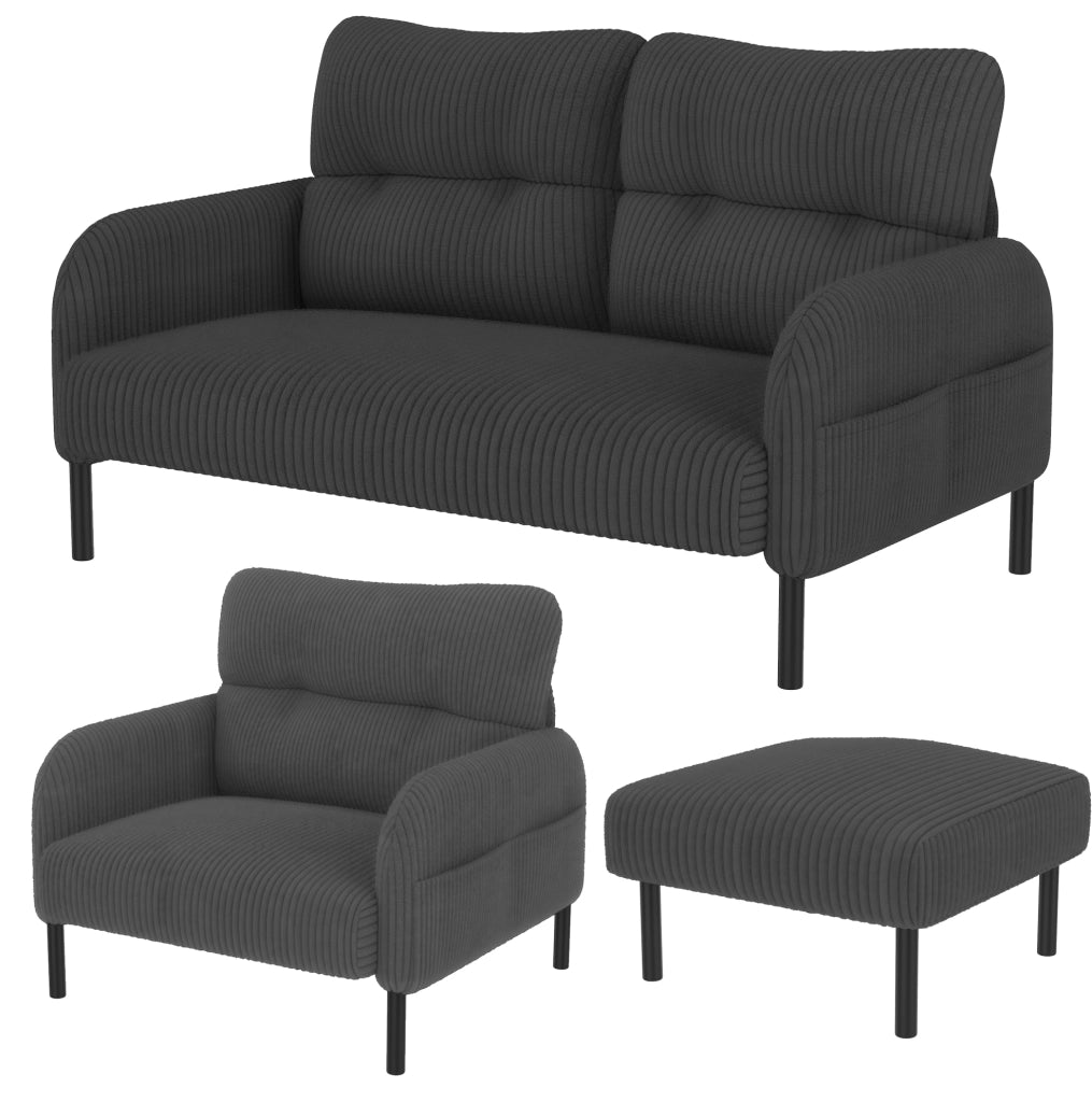 Set divano; poltrona e pouf modulare in corduroy grigio