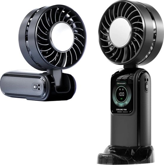 Ventilatore portatile in un pezzo con maniglia e cinturino di trasporto, batteria ricaricabile USB-C, 5 velocità, display LED, mini-ventilatore adatto per viaggi, spiagge, crocieristi, concerti e attività all'aperto (nero).