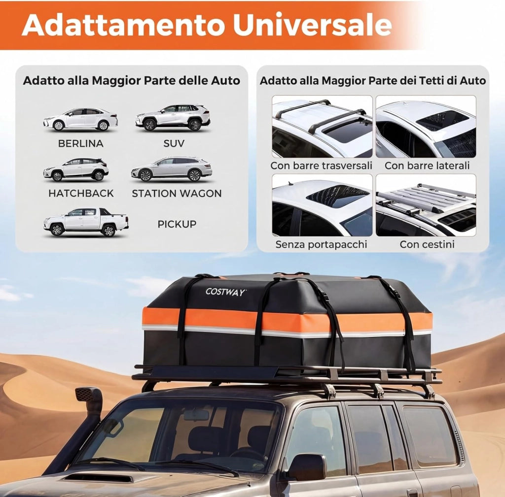 Borsa da Tetto per Auto, Box Portapacchi con Impermeabile e Alta Adattabilità, Baule con Tappetino Antiscivolo, Striscie Riflettenti, Lucchetto e 8 Corde di Fissaggio (450 L,Arancione)