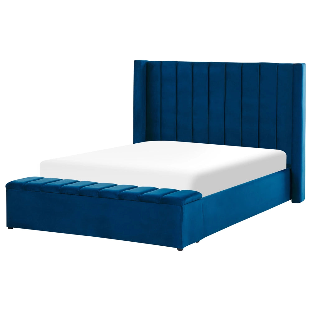 Letto matrimoniale ad acqua in velluto blu marino con cassapanca 140 x 200 cm moderno glam morbido materasso camera da letto