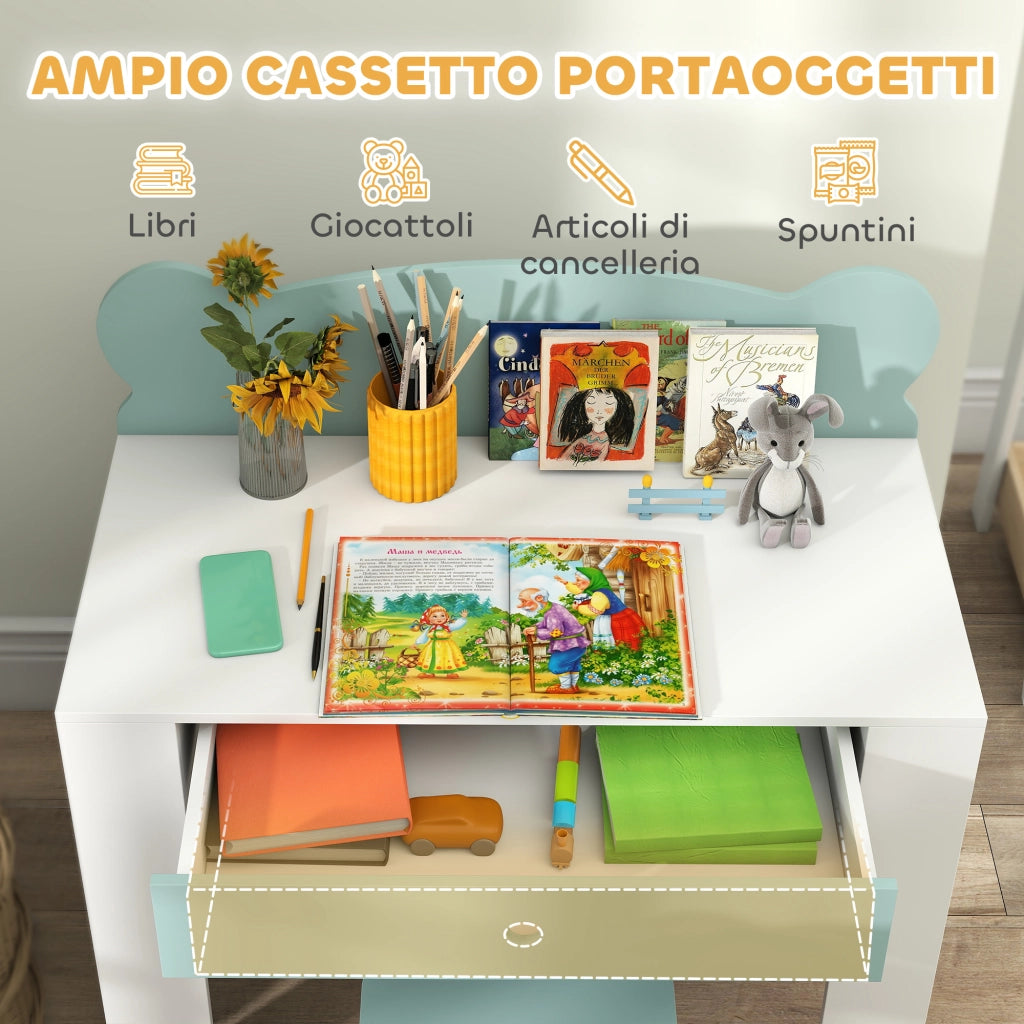 Banco Scuola con Sedia per Bambini Schienale a Orsetto Età 3-8 Anni in MDF e Legno Verde