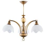 Lampadario vintage 3 luci ottone patinato vetro bianco