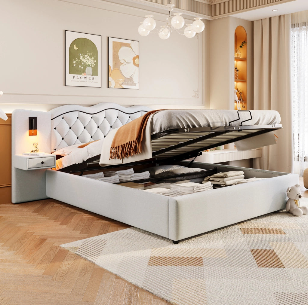Letto 180 x 200 cm con contenitore idraulico; testiera integrata; USB e luci; beige