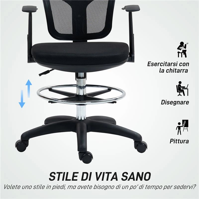 SEDIA GIREVOLE CON ANELLO POGGIAPIEDI E SCHIENALE RICURVO IN POLIESTERE SCHIUMA E PLASTICA 55X58X94 CM NERO