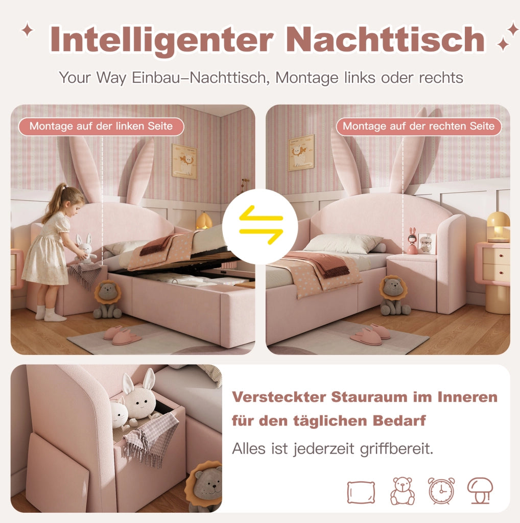 Letto per bambini 90x190 cm in velluto rosa con contenitore; comodino e orecchie di coniglio