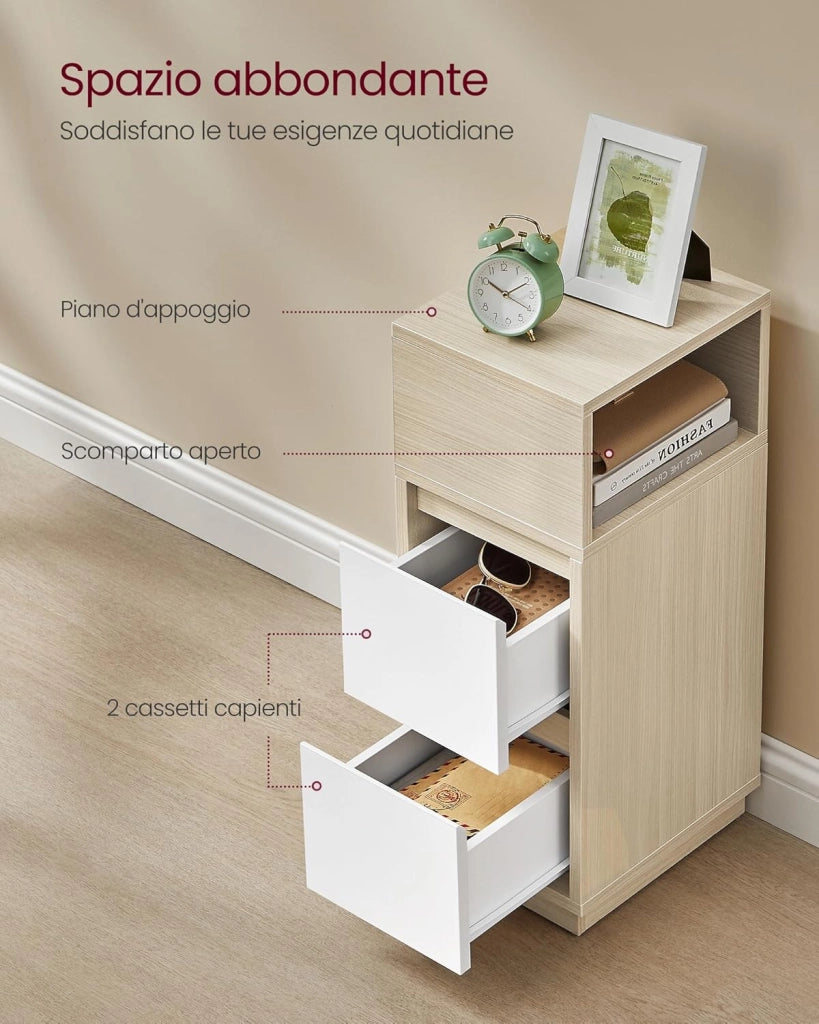 VASAGLE Kailyn Collection - Comodino stretto, set di 2, tavolino, 2 cassetti e vano aperto, montaggio a sinistra o a destra, camera da letto, soggiorno, beige naturale e bianco nuvola LET856N01