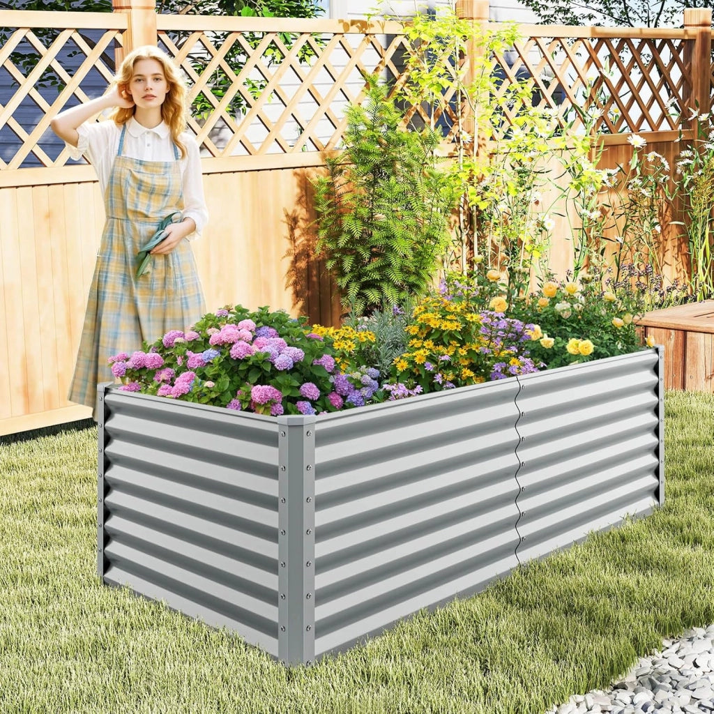 Letto da Giardino Rialzato in Metallo, Orto Rialzato con Design a Fondo Aperto, Protettori d'Angolo Rinforzati, Aiuola Rialzata da Esterno per Verdure, Fiori e Erbe Aromatiche (Grigio)