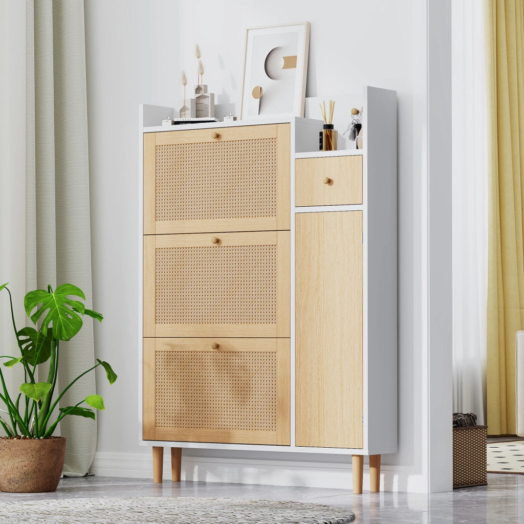 Scarpiera salvaspazio in MDF con ante a ribalta e cassetto, finitura naturale e bianca, 90 x 125 x 17 cm